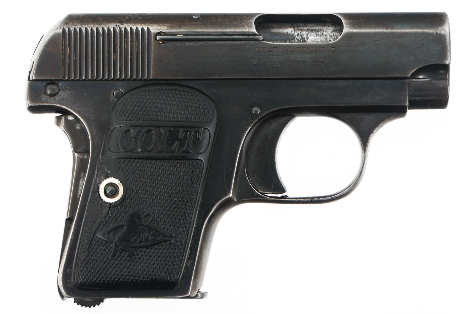 1912 COLT MODEL M1908 HAMMERLESS 25 CALIBER PISTOL: 1912 COLT MODEL M1908 HAMMERLESS 25 CALIBER PISTOL 1912 Colt model M1908 Hammerless .25 ACP caliber pistol. Blued finish. Fixed sights. One magazine. Checkered hard rubber grips with COLT logo. Colt c