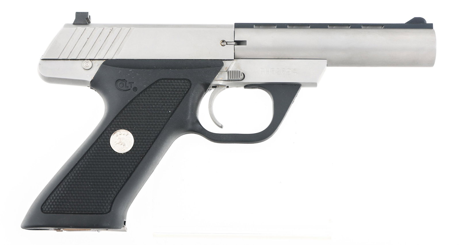 COLT MODEL COLT 22 SEMI AUTOMATIC 22 LR CAL PISTOL: COLT MODEL COLT 22 SEMI AUTOMATIC 22 LR CAL PISTOL 1995 Colt Model Colt 22 semi automatic .22 LR caliber pistol. Stainless finish. Adjustable rear sight, front blade sight. Checkered composite Colt gr