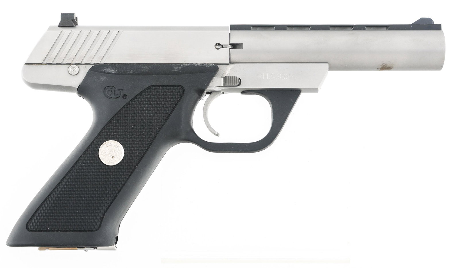 COLT MODEL COLT 22 SEMI AUTOMATIC 22 LR CAL PISTOL: COLT MODEL COLT 22 SEMI AUTOMATIC 22 LR CAL PISTOL 1995 Colt Model Colt 22 semi automatic .22 LR caliber pistol. Stainless finish. Adjustable rear sight, front blade sight. Checkered composite Colt gr