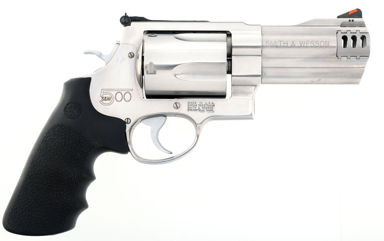 SMITH & WESSON MODEL 500 .500 S&W MAGNUM REVOLVER: SMITH & WESSON MODEL 500 .500 S&W MAGNUM REVOLVER Smith & Wesson Model 500 .500 S&W Magnum caliber double action revolver. Stainless steel. Textured rubber grips with S&W logo. Ported barrel. Ramp fro