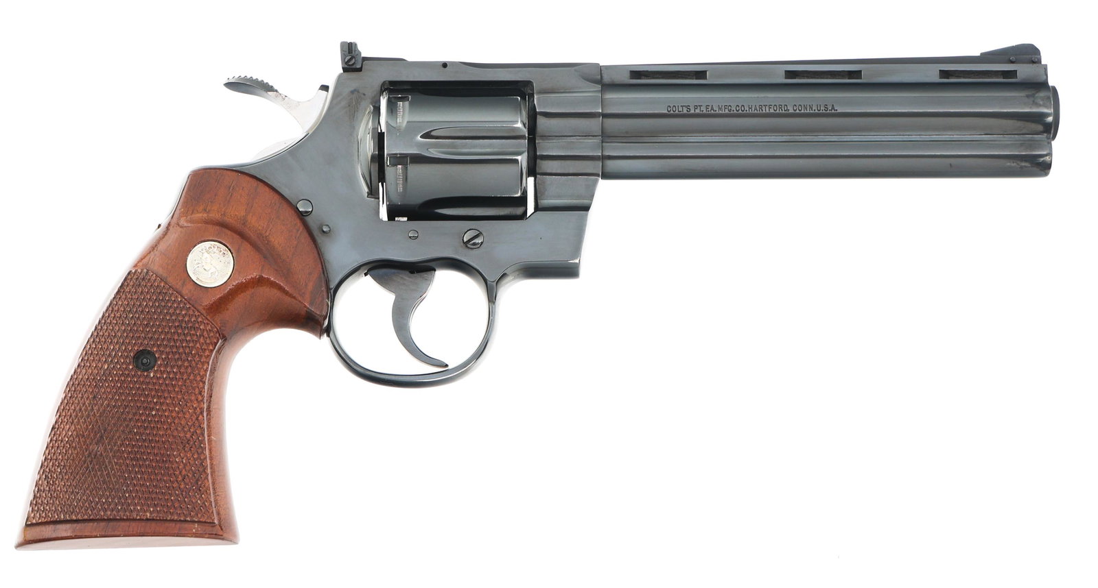 1981 COLT PYTHON .357 MAGNUM CALIBER REVOLVER: 1981 COLT PYTHON .357 MAGNUM CALIBER REVOLVER 1981 Colt Python Model .357 caliber double action revolver. Blue finish with porter rib barrel. Checkered Colt medallion walnut grips. Colt hard case with