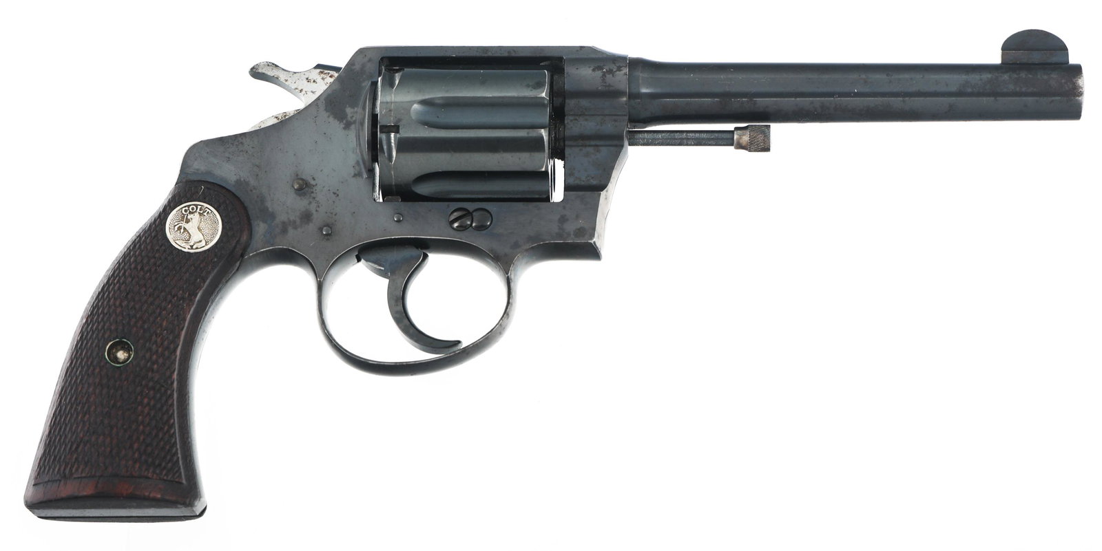 1928 COLT POLICE POSITIVE .38 SPL CALIBER REVOLVER: 1928 COLT POLICE POSITIVE .38 SPL CALIBER REVOLVER 1928 Colt Model Police Positive .38 Special caliber double action revolver. Blued finish. Checkered wood grips with Colt medallion. Fixed sights. Six