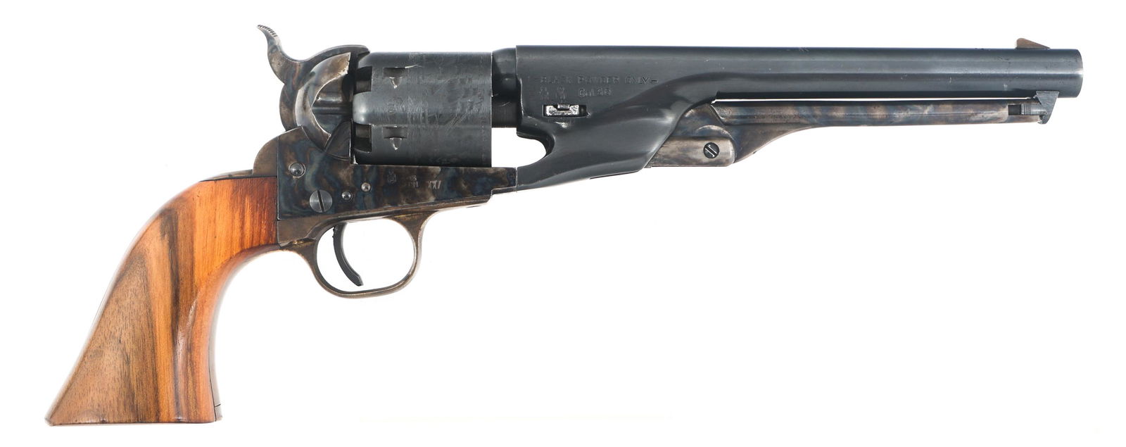 REPLICA ARMS MODEL 1861 NAVY BLACK POWDER REVOLVER: REPLICA ARMS MODEL 1861 NAVY BLACK POWDER REVOLVER Replica Arms Inc. Model 1861 Navy Black Powder 36 caliber revolver. Blued finish. Case hardened frame, hammer and load lever. Roll engraved Navy scen