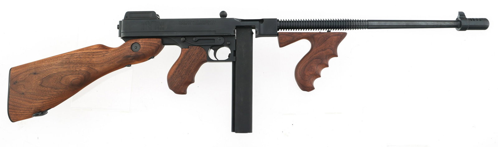 AUTO ORDNANCE 1927A1 .45 ACP SEMI AUTO CARBINE: AUTO ORDNANCE 1927A1 .45 ACP SEMI AUTO CARBINE Auto Ordnance Model 1927A1 .45 ACP caliber Thompson Semi - Automatic Carbine. Matte black finish. hardwood stocks. Thompson "L" Type 50 round drum magazi