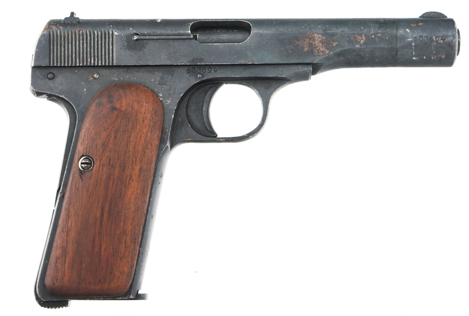 WWII GERMAN FN MODEL 1922 7.65mm CALIBER PISTOL: WWII GERMAN FN MODEL 1922 7.65mm CALIBER PISTOL WWII German marked FN Herstal Browning Model 1922 7.65mm (.32) caliber semi automatic pistol. Matching serial numbers on frame, barrel, and muzzle. Left