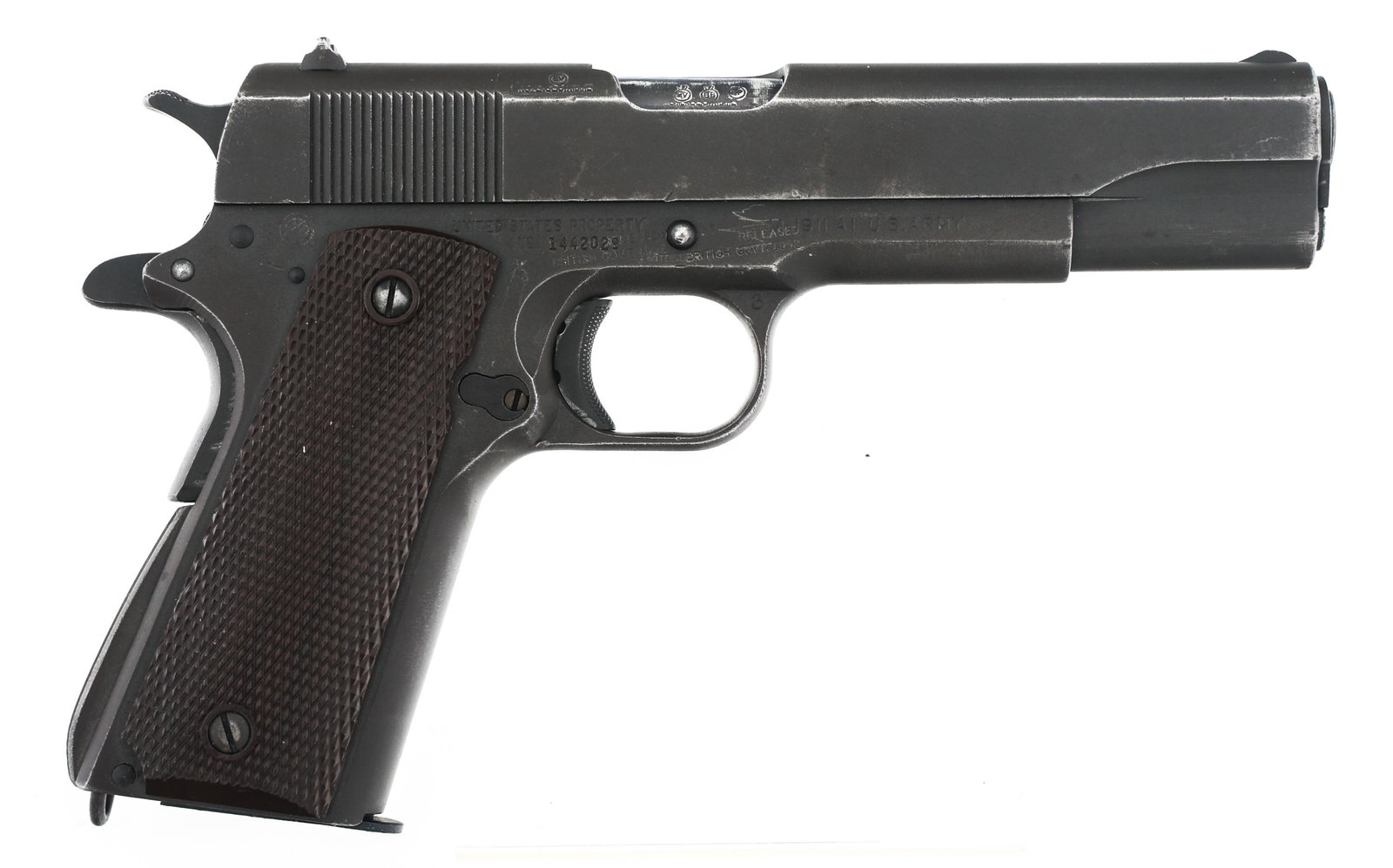 WWII US ITHACA BRITISH LEND LEASE 1911A1 PISTOL: WWII US ITHACA BRITISH LEND LEASE 1911A1 PISTOL 1943 WWII US Ithaca Model 1911A1 British Lend Lease .45 ACP caliber semi automatic pistol. Left side of slide stamped Ithaca Gun Co, INC - Ithaca NY. To