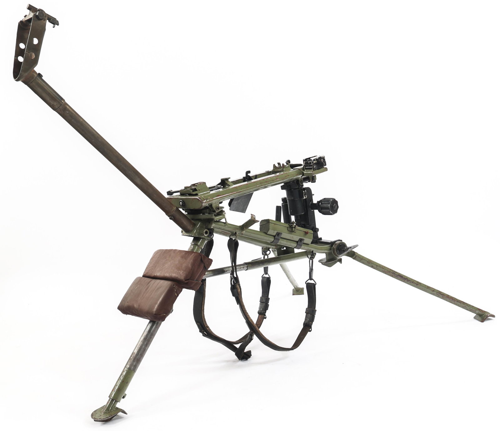 WWII GERMAN MG-34 LAFETTE TRIPOD: WWII GERMAN MG-34 LAFETTE TRIPOD WWII German MG-34 Lafette tripod. Markings on tripod "2F3202", "R.F. Gri 7426". Range finder chart sticker on front. Leather pads and backpack slings. Metal range guar