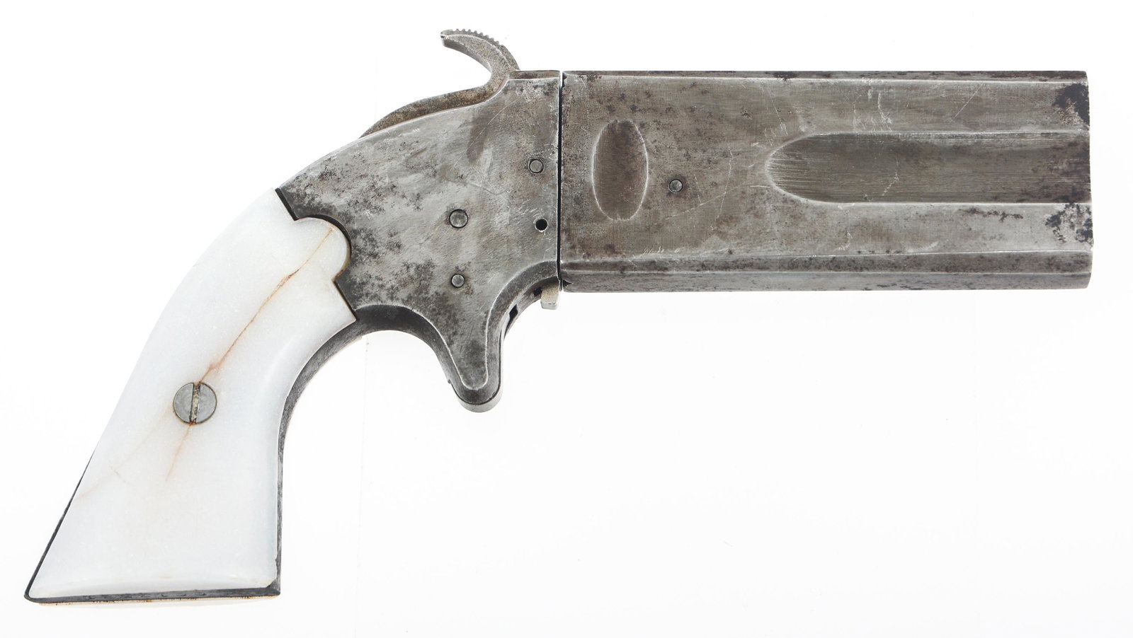 SWIVEL DOUBLE BARREL .36 CALIBER PERCUSSION PISTOL: SWIVEL DOUBLE BARREL .36 CALIBER PERCUSSION PISTOL Modern Swivel breech Double Barrel .36 caliber percussion pistol. White plastic grips. Caliber / Gauge: 36 Barrel Length: 3.5" Serial Number: 0017521