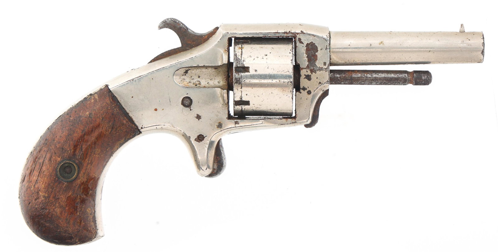 EUREKA 7 SHOT .22 CALIBER REVOLVER: EUREKA 7 SHOT .22 CALIBER REVOLVER Eureka No. 1 .22 caliber 7 shot spur trigger revolver. Nickel finish. Walnut grips. Caliber / Gauge: 22 Barrel Length: 2.25"