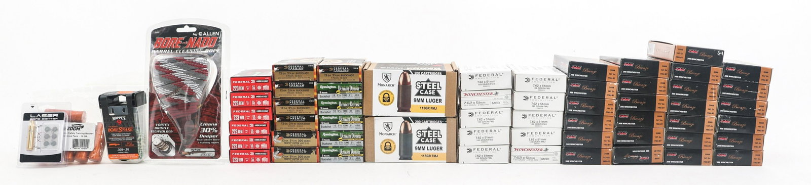 FIREARM AMMUNITION AND ACCESSORIES 64 POUNDS TGW: FIREARM AMMUNITION AND ACCESSORIES 64 POUNDS TGW 64 pounds total gross weight of firearm ammunition and accessories. Ammunition brands: Monarch, Federal, Remington, PMC, Winchester. Calibers: 7.62x51m