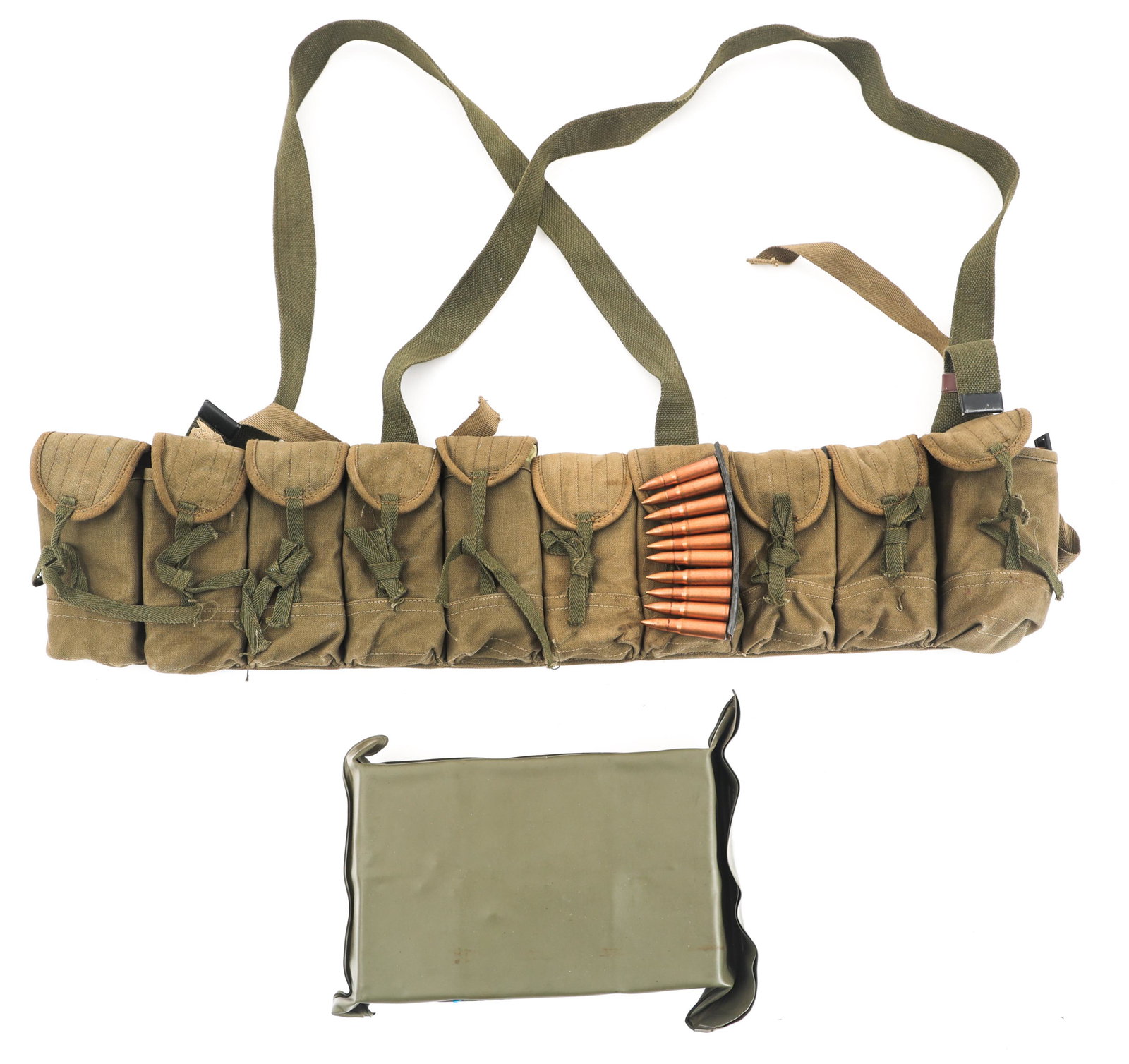 AMMUNITION 14 POUNDS TOTAL GROSS WEIGHT: AMMUNITION 14 POUNDS TOTAL GROSS WEIGHT 14 pounds total gross weight of mixed ammunition. 432 Rounds Of Swedish 9mm KPTR M/39 Ammo. North Vietnamese bandolier with 7.62x39mm stripper clips. TGW includ