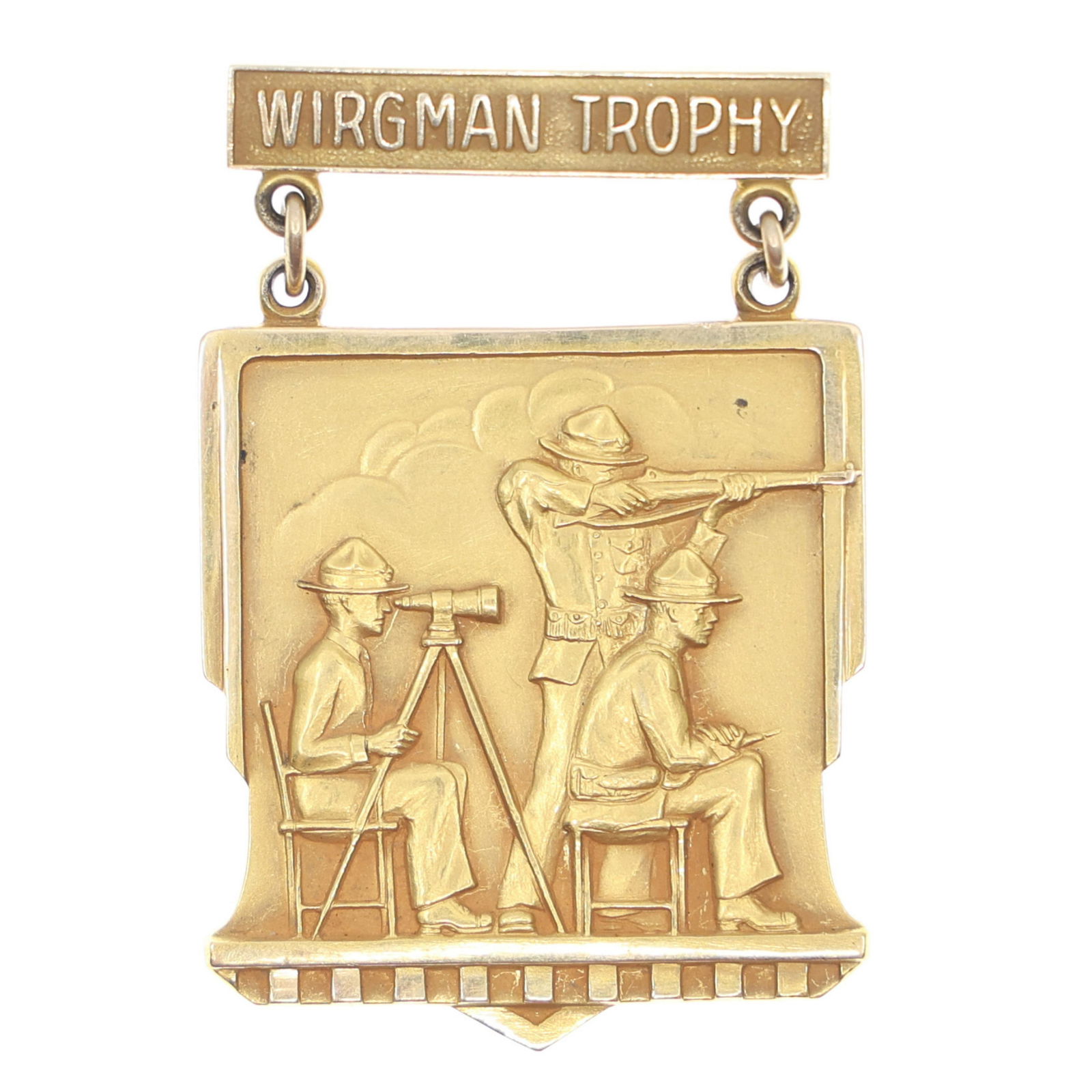 USMC WIRGMAN TROPHY 14K GOLD SHOOTING BADGE: USMC WIRGMAN TROPHY 14K GOLD SHOOTING BADGE United States Marine Corps 14K yellow gold competition shooting badge, Wirgman Trophy - Eastern Division/Small Unit Training, named "1972 SGT J.D. HONEYMAN"