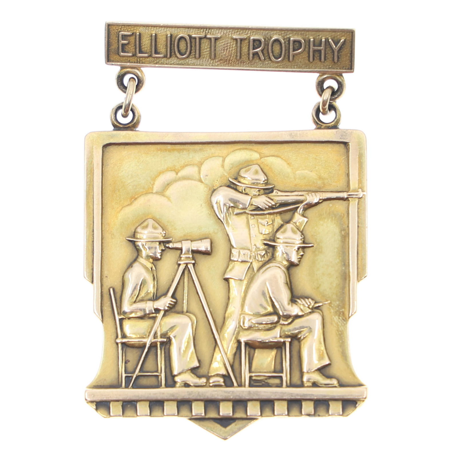 USMC ELLIOT TROPHY 14K GOLD SHOOTING BADGE: USMC ELLIOT TROPHY 14K GOLD SHOOTING BADGE United States Marine Corps 14K yellow gold competition shooting badge, Elliot Trophy - Eastern Division/Small Unit Training, named "GYSGT CHARLES B. AINSCOE