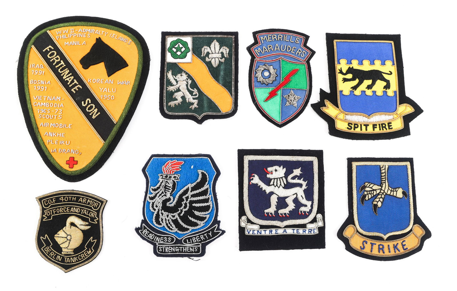 NOVELTY US ARMY PATCH LOT OF 8: NOVELTY US ARMY PATCH LOT OF 8 Lot of 8 Novelty US Army Patches. Assorted bullion stitched patches including Merrills Marauders, 40th Armor, 502nd Inf. and more.