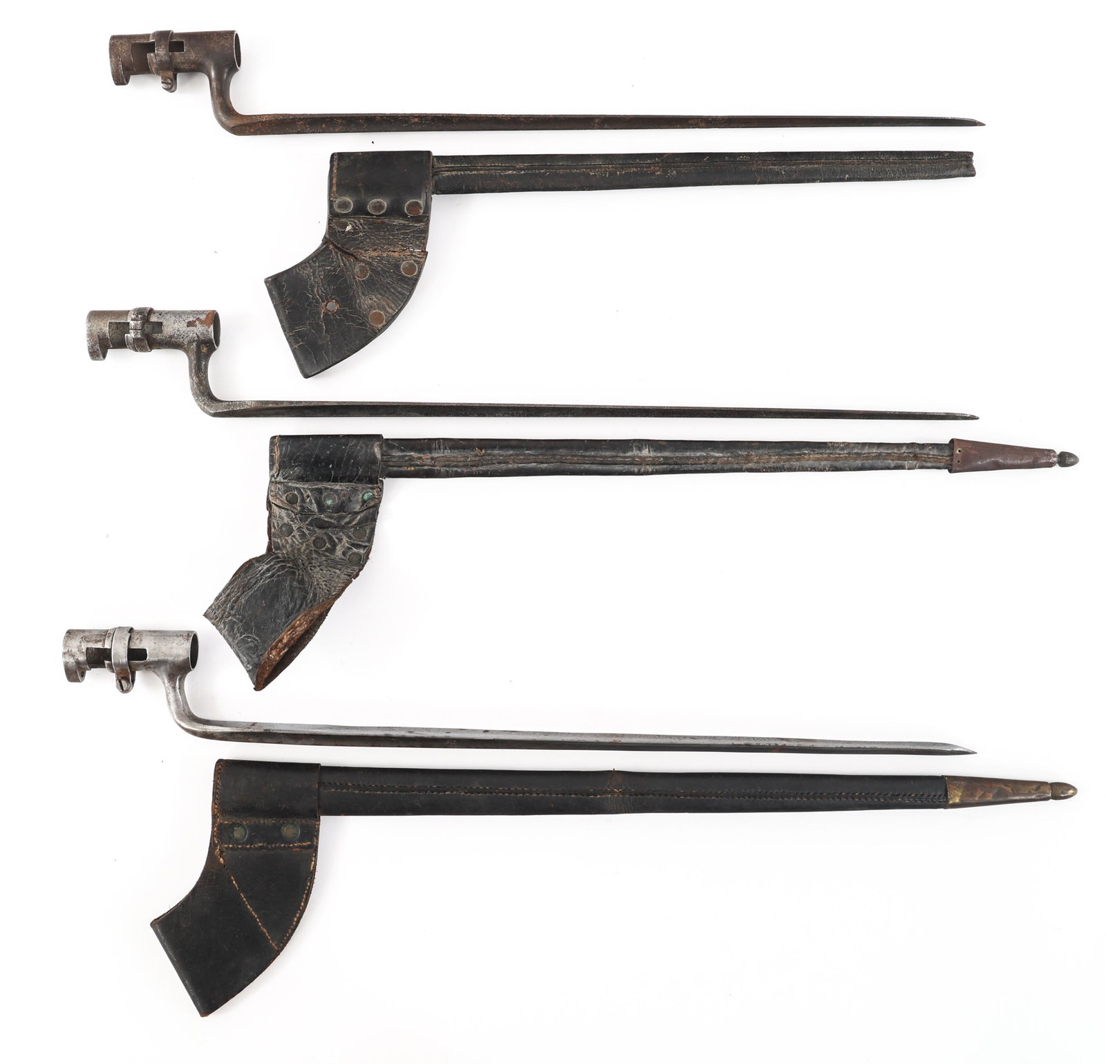 US M1855 SOCKET BAYONET LOT OF 3: US M1855 SOCKET BAYONET LOT OF 3 Lot of 3 US M1855 Socket Bayonets. (1) M1855 Socket Bayonet. Triangular bright blade. Leather scabbard with brass fittings. Blade length: 18 1/8" , | Total Length: 21 