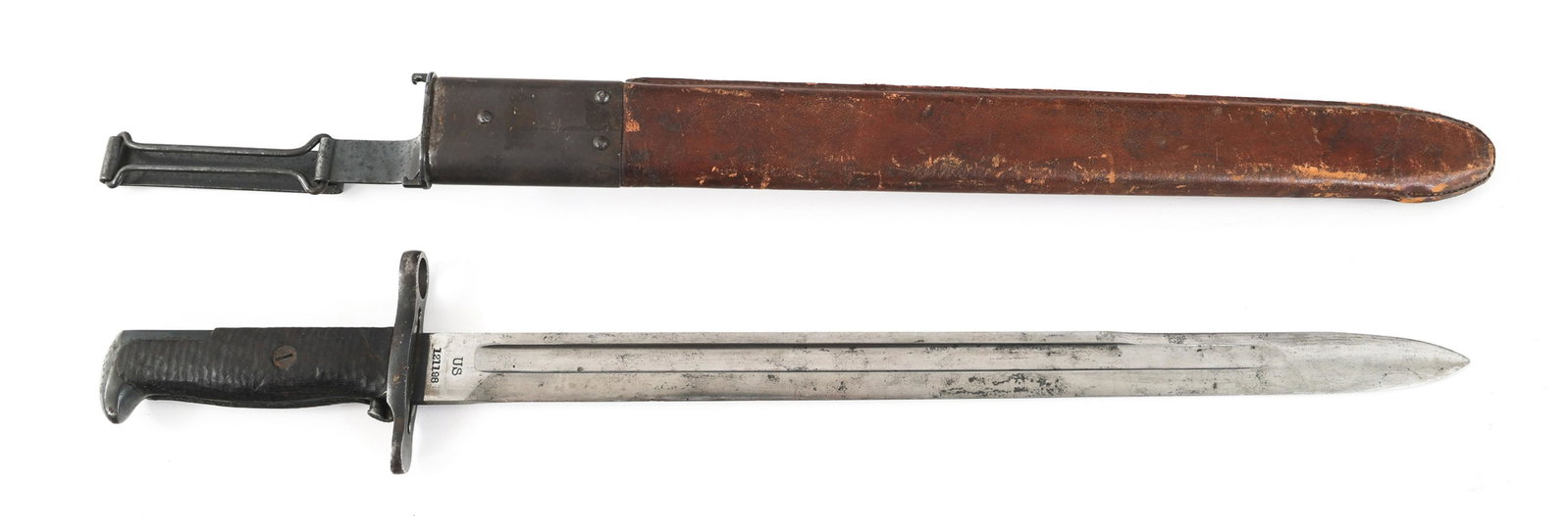 WWI US ARMY M1905 BAYONET BY SPRINGFIELD: WWI US ARMY M1905 BAYONET BY SPRINGFIELD WWI US Army M1905 Bayonet by Springfield. Single edged, bright blade with fuller. Springfield Armory maker mark, flaming bomb, and "1906" stamped on one side o
