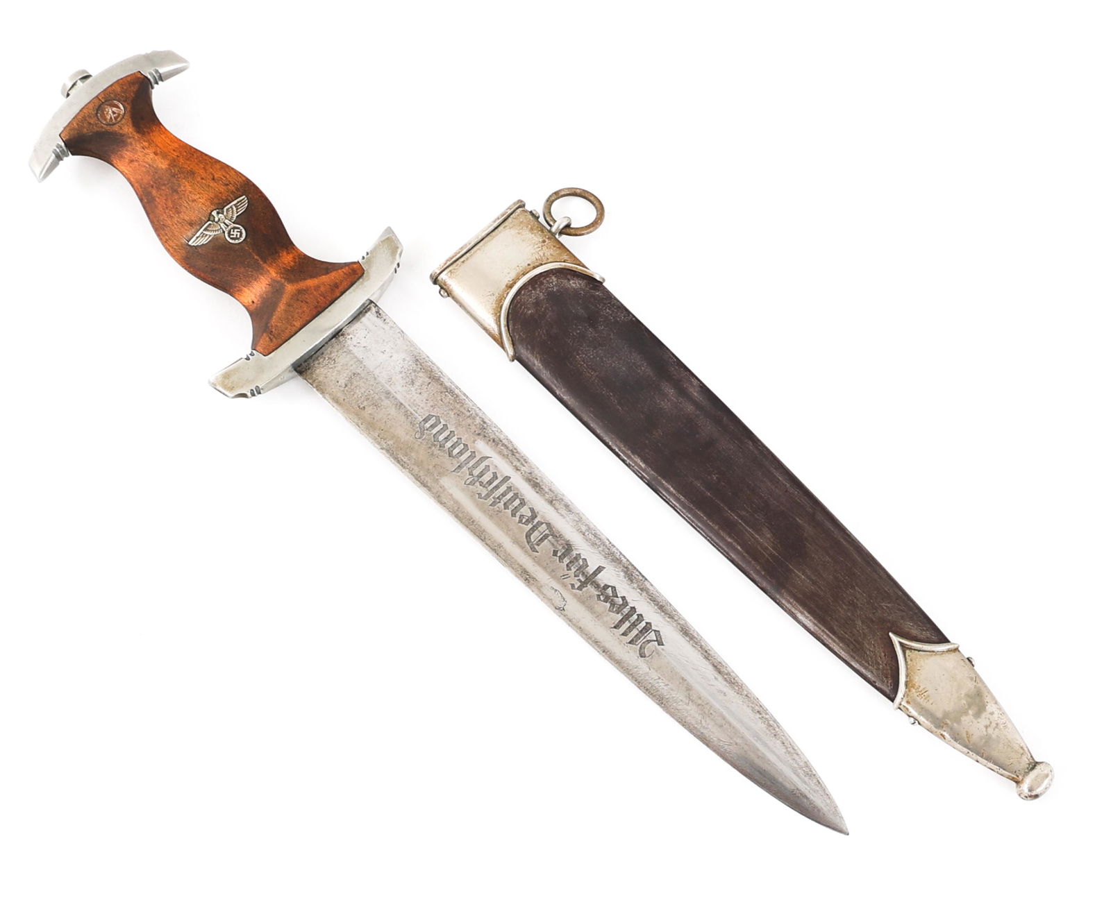 WWII GERMAN SA DRESS DAGGER By CARL EICKHORN: WWII GERMAN SA DRESS DAGGER By CARL EICKHORN WWII German SA Dress Dagger. Double edged, bright blade with acid etched motto "Alles Fur Deutschland" on light grey background. Marker marked by "Carl Eic