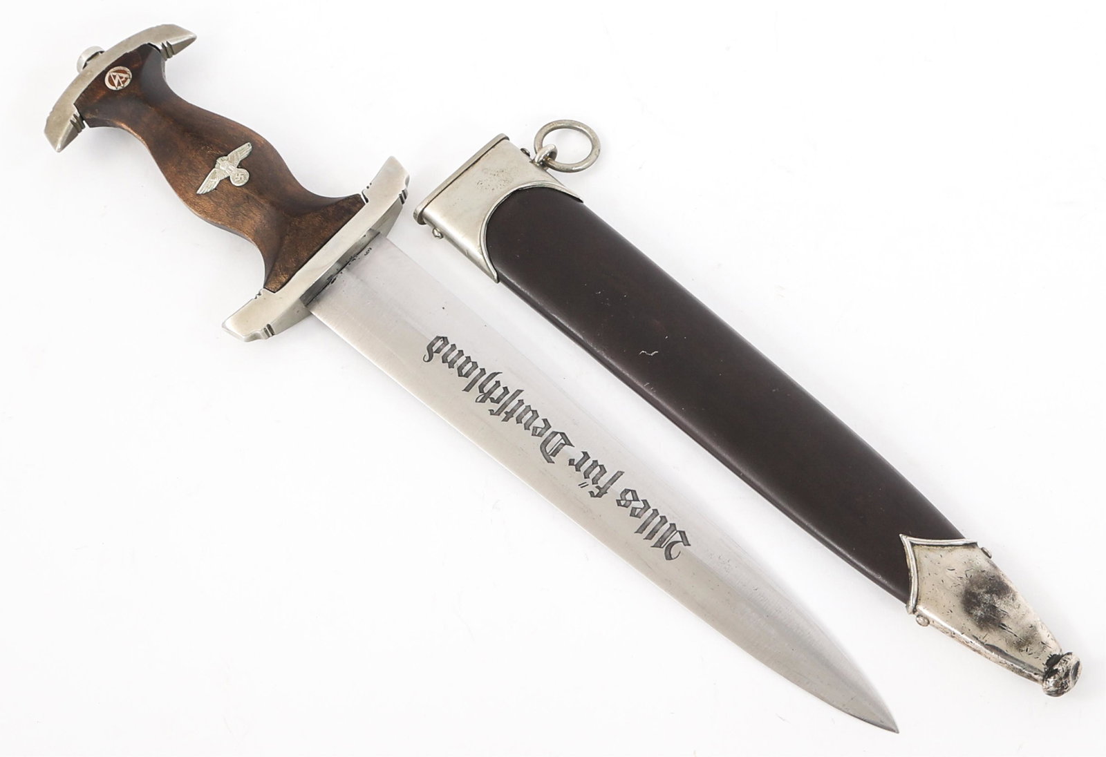 WWII GERMAN GROUND ROHM SA DAGGER By CARL EICKHORN: WWII GERMAN GROUND ROHM SA DAGGER By CARL EICKHORN WWII German Ground Rohm SA "Sturmabteilung" Dress Dagger. Double edged, bright blade with acid etched motto "Alles Fur Deutschland" in light grey bac