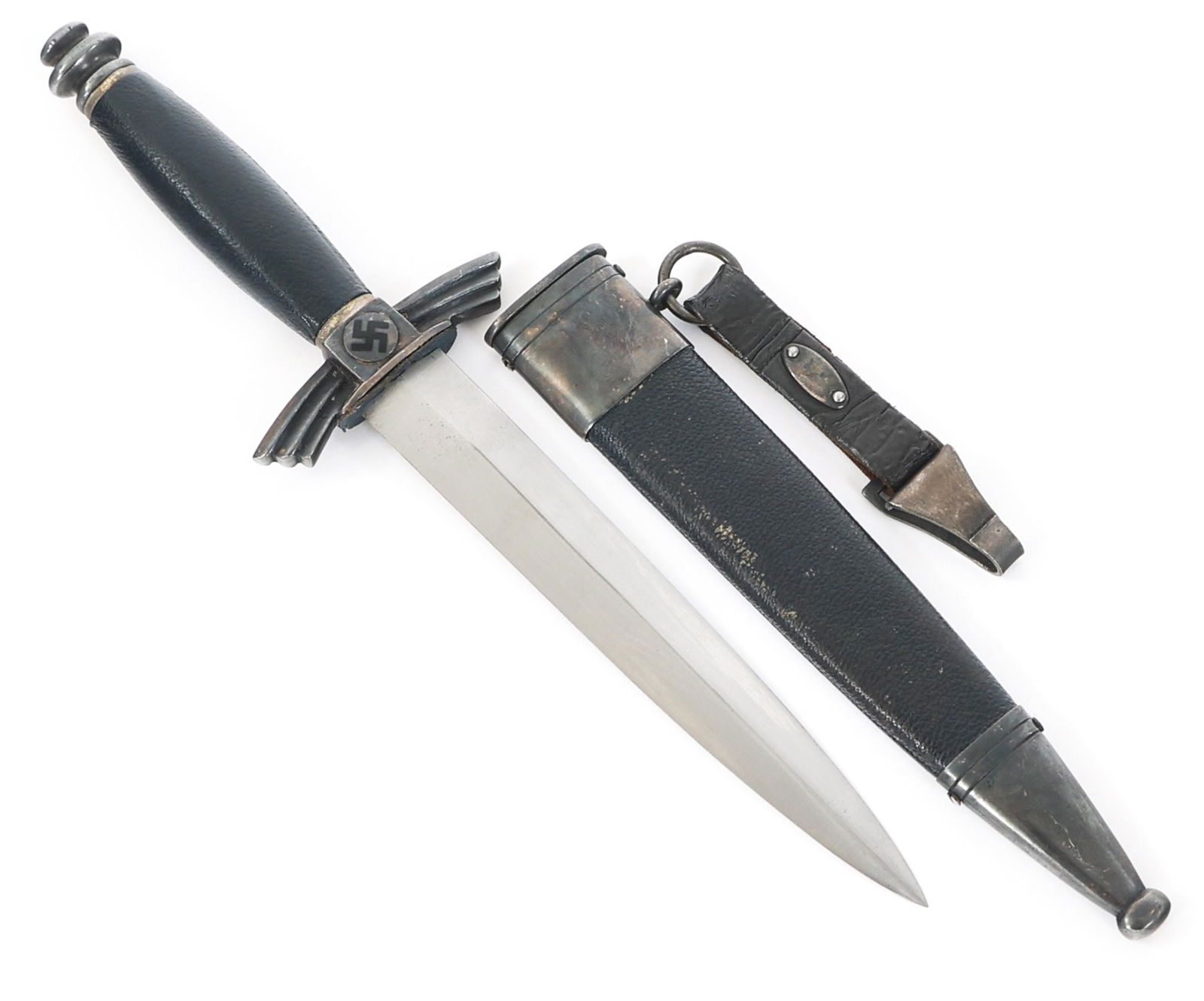 WWII GERMAN DLV DRESS DAGGER By CARL KREBS: WWII GERMAN DLV DRESS DAGGER By CARL KREBS WWII German Air Sports Association (Deutsche Luftfahrt-Verband Fliegermesser) Dagger. Double edged, bright blade. Visible crossgrain. Maker mark by "Carl Jul