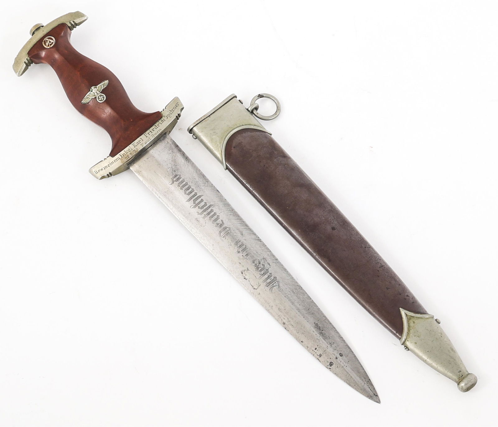WWII PERSONALIZED GERMAN SA DAGGER By ERNST GRAH: WWII PERSONALIZED GERMAN SA DAGGER By ERNST GRAH WWII Personalized German SA "Sturmabteilung" Dress Dagger. Double edged, bright blade with acid etched motto "Alles Fur Deutschland" in light grey back