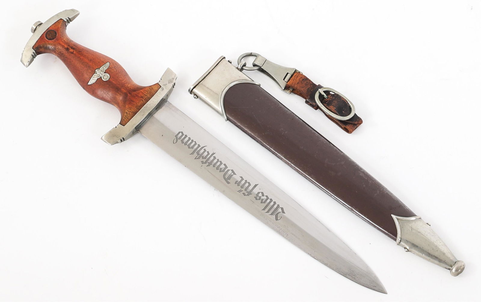 WWII GERMAN GROUND ROHM SA DAGGER By ERNST PACK: WWII GERMAN GROUND ROHM SA DAGGER By ERNST PACK WWII German Ground Rohm SA "Sturmabteilung" Dress Dagger. Double edged, bright blade with acid etched motto "Alles Fur Deutschland" in dark grey backgro