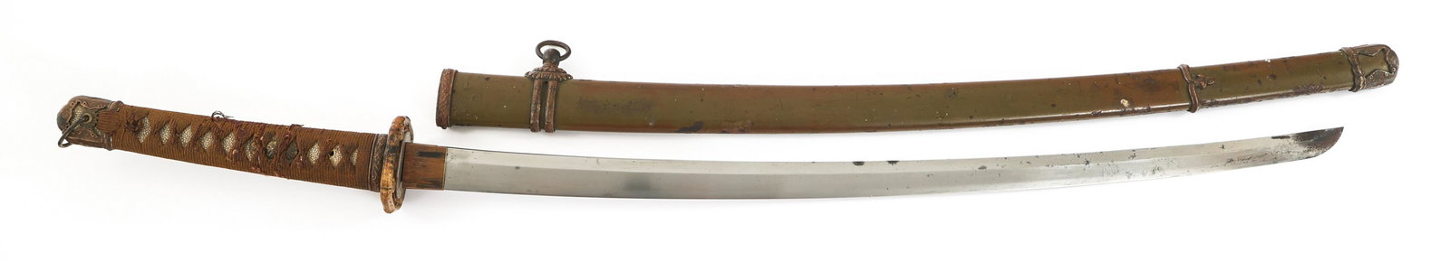 WWII JAPANESE ARMY OFFICER TYPE 98 SHIN GUNTO: WWII JAPANESE ARMY OFFICER TYPE 98 SHIN GUNTO WWII Japanese Army Officer Type 98 Shin Gunto Sword. single edged, curved, bright blade. Sogu style Hamon. Copper decorated Habaki and brass Tsuba. Tradit