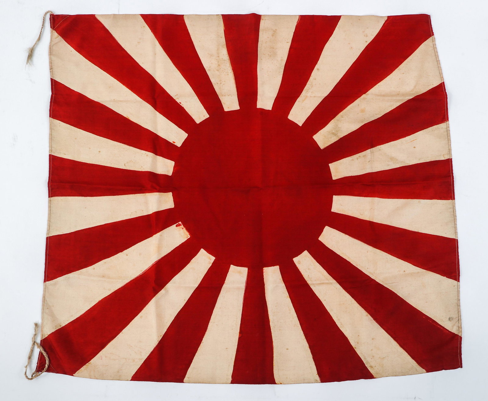 WWII IMPERIAL JAPANESE NAVY RISING SUN FLAG: WWII IMPERIAL JAPANESE NAVY RISING SUN FLAG WWII Imperial Japanese Navy Rising Sun Flag. 1-piece, silk-like cloth, white and red construction with printed emblem. Size: 31" x 34"