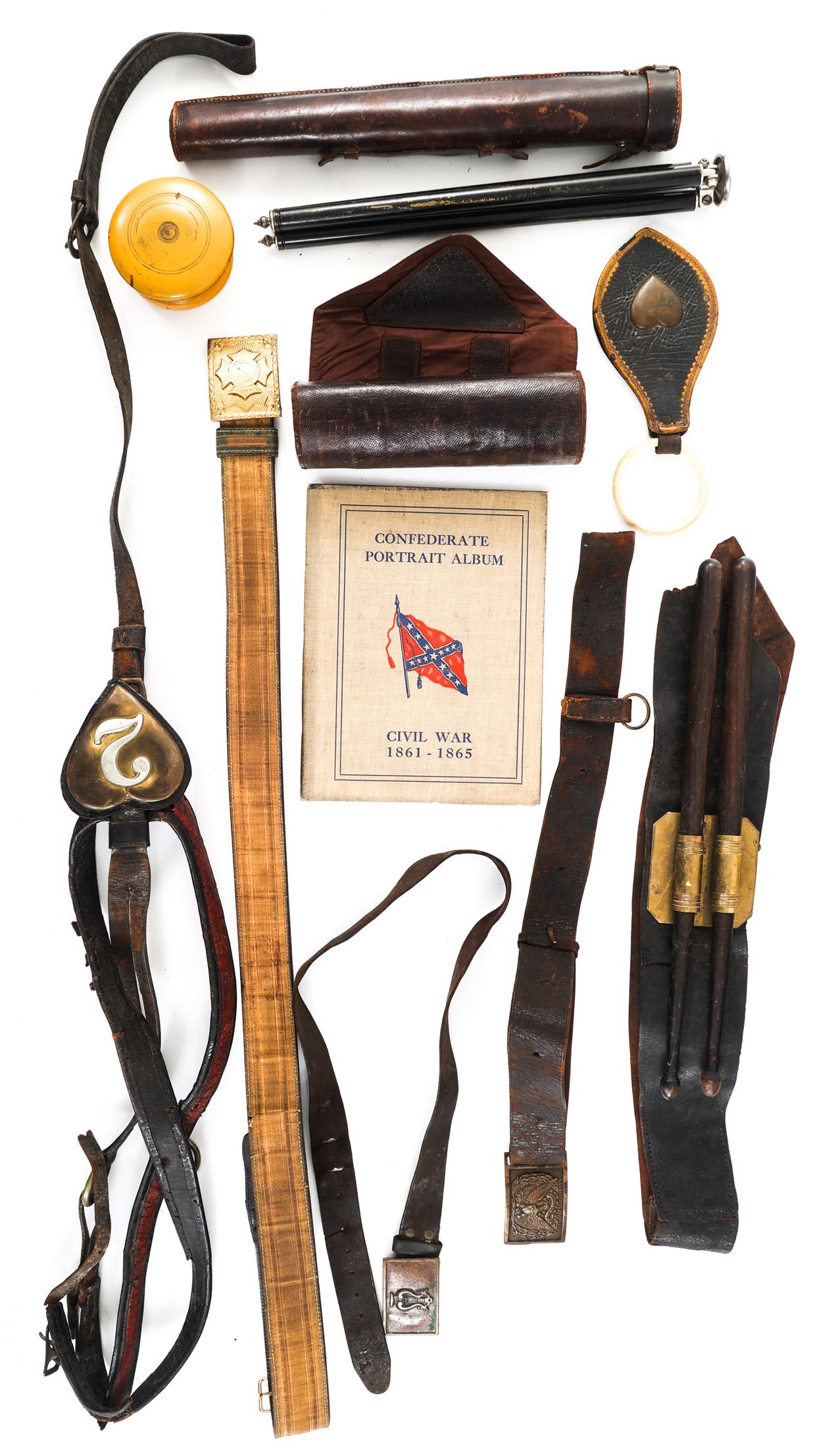 CIVIL WAR DRUMMER SASH, BELTS, CASES, & CSA ALBUM: CIVIL WAR DRUMMER SASH, BELTS, CASES, & CSA ALBUM Lot of 10 Civil War Era Travel Gear and Leather Goods. (1) Carrying strap with Drumsticks, brass holder. (3) Civil War Era leather belts with clasp in