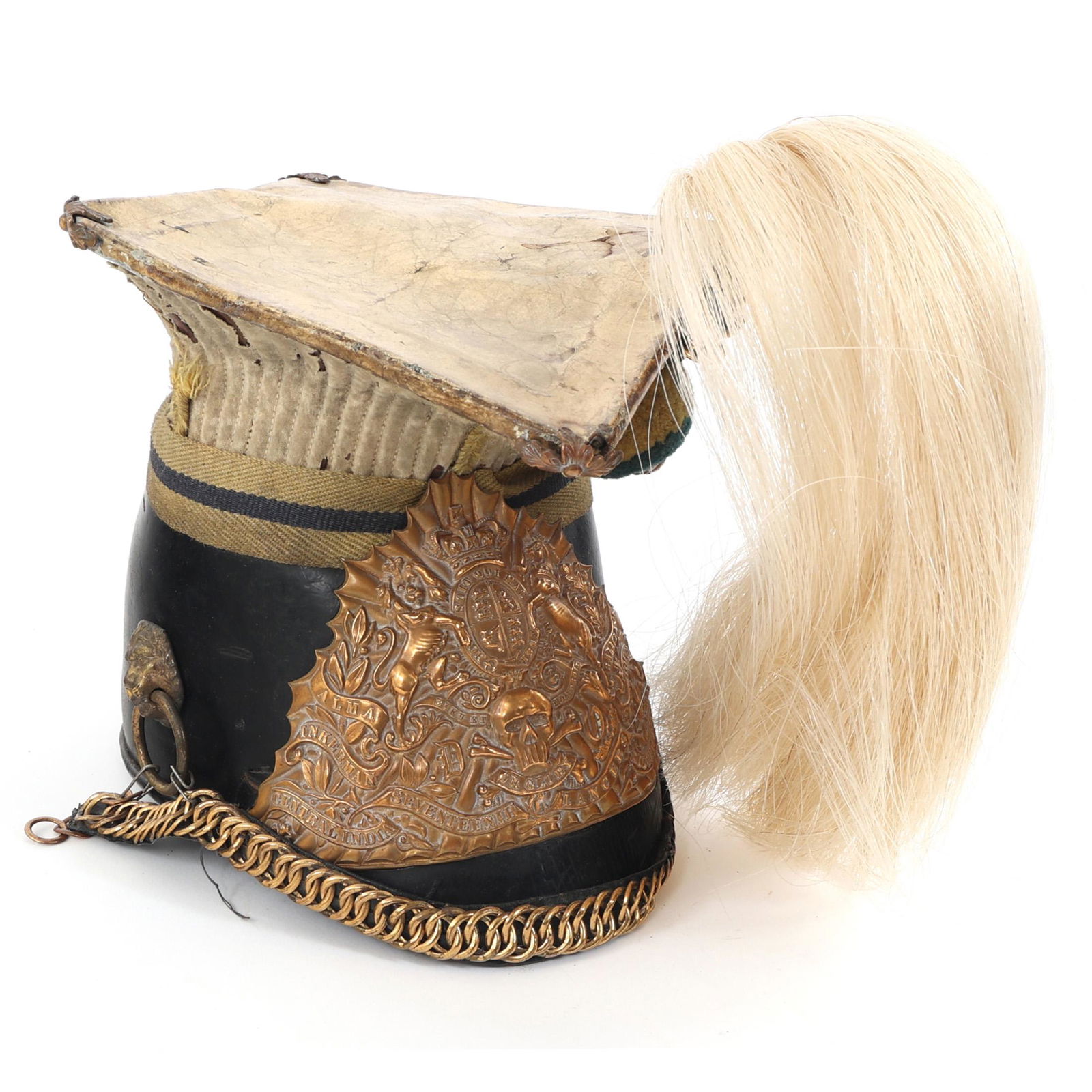 VICTORIAN BRITISH 17th LANCERS CZAPKA HELMET: VICTORIAN BRITISH 17th LANCERS CZAPKA HELMET Victorian British 17th Lancers Trooper Czapka Helmet. Complete with front plate, regimental pompom and horsehair plumet. Various stamps inside the crown "1