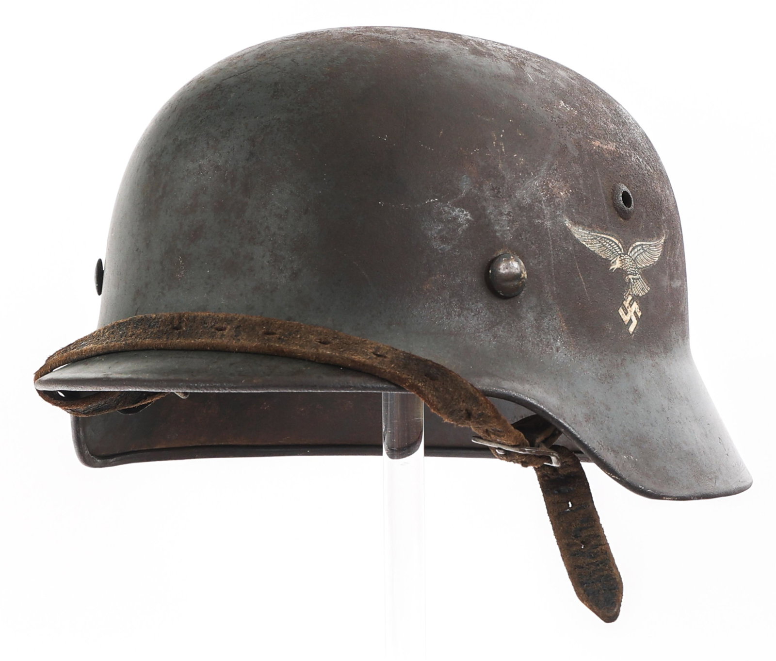 WWII GERMAN LUFTWAFFE DD M35 COMBAT HELMET: WWII GERMAN LUFTWAFFE DD M35 COMBAT HELMET WWII German Luftwaffe DD M35 Combat Helmet. Luftwaffe and national tricolor decals. Stamped "4169" and "ET68" inside near rim. Liner and chinstrap complete. 