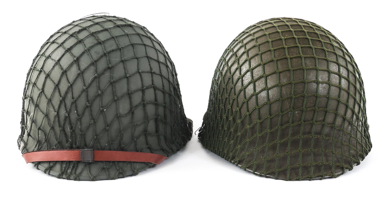 COLD WAR US & FOREIGN M1 COMBAT HELMET LOT OF 2: COLD WAR US & FOREIGN M1 COMBAT HELMET LOT OF 2 Lot of 2 Cold War US & Foreign M1 Combat Helmets. (1) Vietnam era US M1 helmet with M1964 Liner and camouflage netting. Front seam and swivel bale. Stam