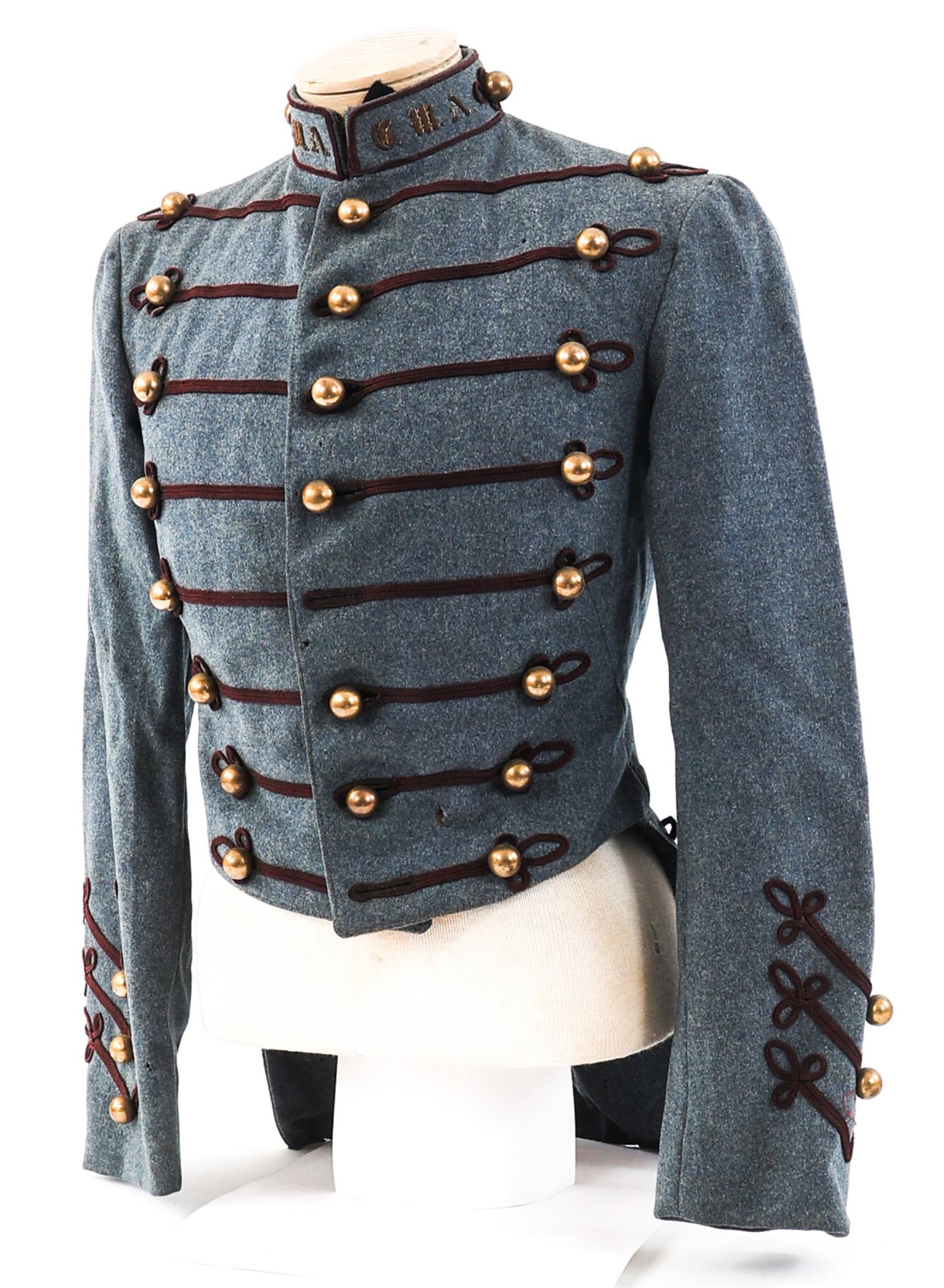 19th C. US MILITARY CADET WOOL TUNIC: 19th C. US MILITARY CADET WOOL TUNIC 19th Century US Military Academy Cadet's Wool Tunic. Wool construction. Bullion, gothic script embroidery on collar. Decorated, brass buttons. Size: Small