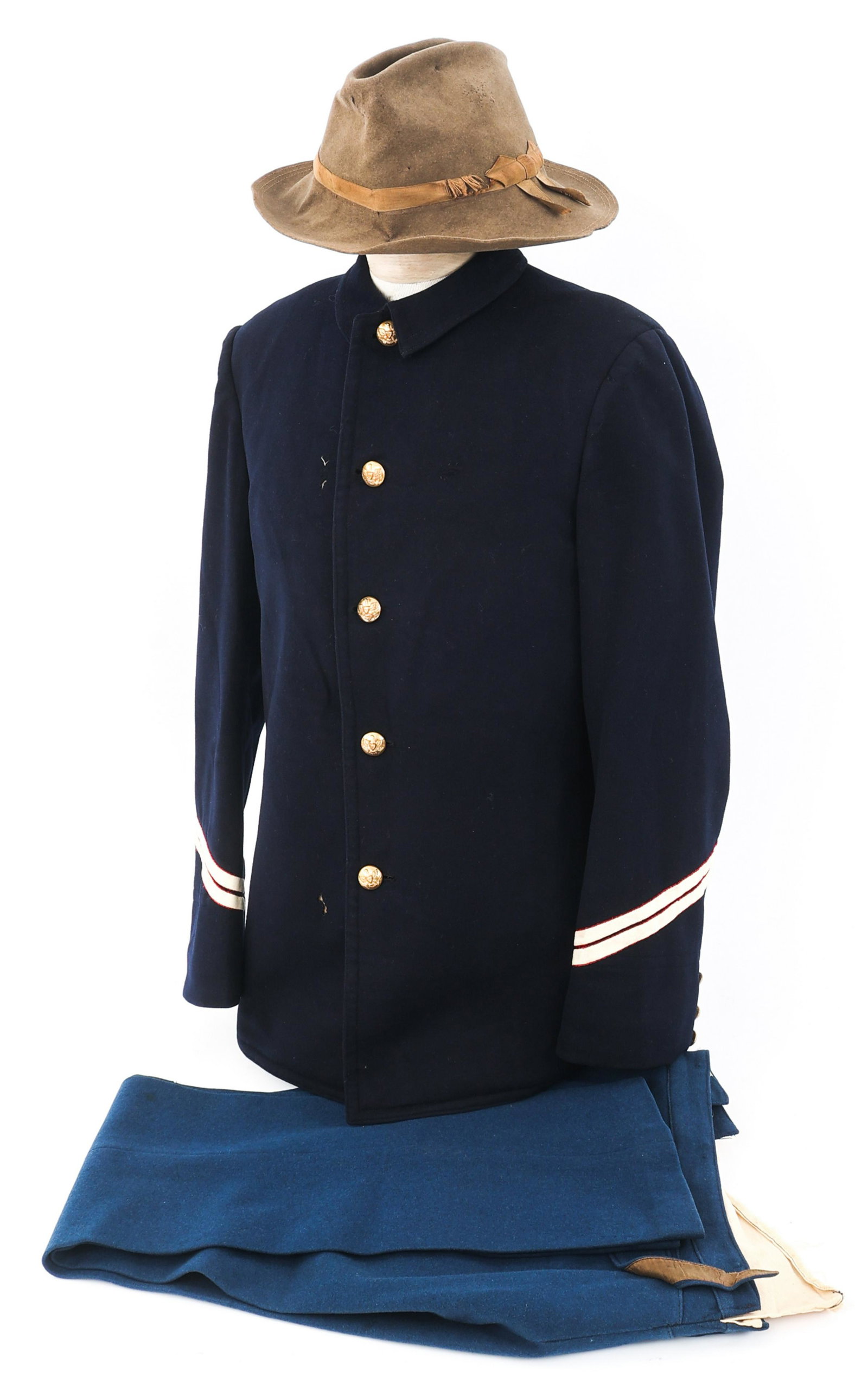 SPAN-AM WAR US ARMY P1887 INFANTRY UNIFORM: SPAN-AM WAR US ARMY P1887 INFANTRY UNIFORM Spanish-American War US Army P1887 Infantry Uniform. (1) Sack Coat. Dark blue wool construction. 5 army eagle buttons. Red and white cuff piping. No visible 