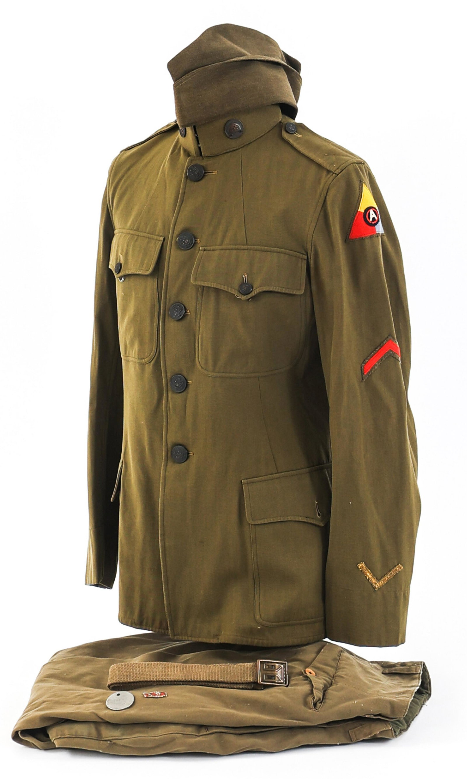 WWI US ARMY 3rd ARMY ARMORED DIV. NCO UNIFORM: WWI US ARMY 3rd ARMY ARMORED DIV. NCO UNIFORM WWI US Army M1917 Private Purchase NCO Uniform. Lightweight, 4 pocket khaki, cotton twill tunic with 3rd Army Armored Div. shoulder patch, discharge strip