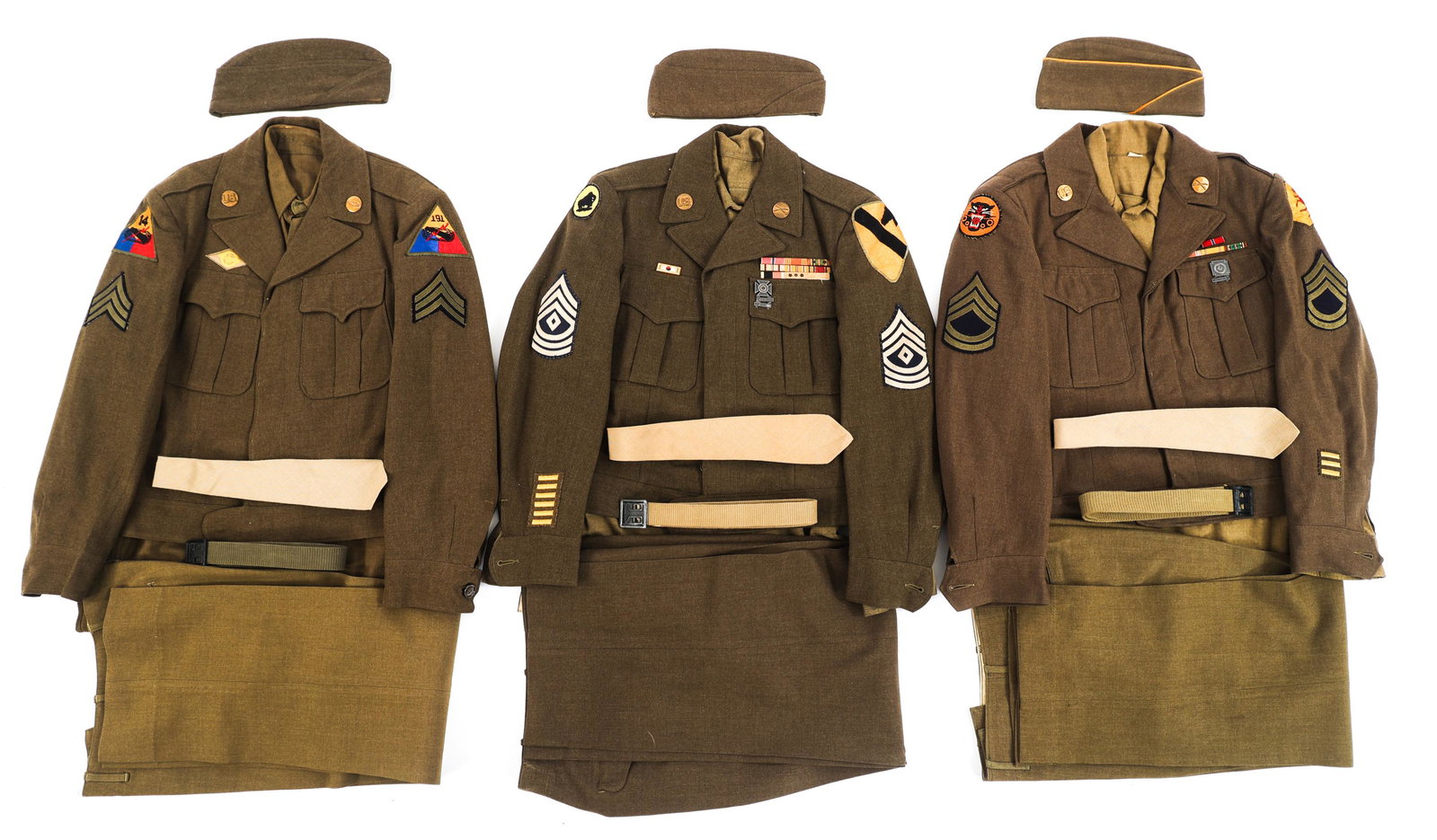 WWII US ARMY ARMORED DIV. & CAVALRY NCO UNIFORMS: WWII US ARMY ARMORED DIV. & CAVALRY NCO UNIFORMS Lot of 3 WWII US Army Armored Division & Cavalry NCO Uniforms. (1) 14th Armored Div / 191st Tank Battalion NCO Complete Set. Ike jacket with unit patch