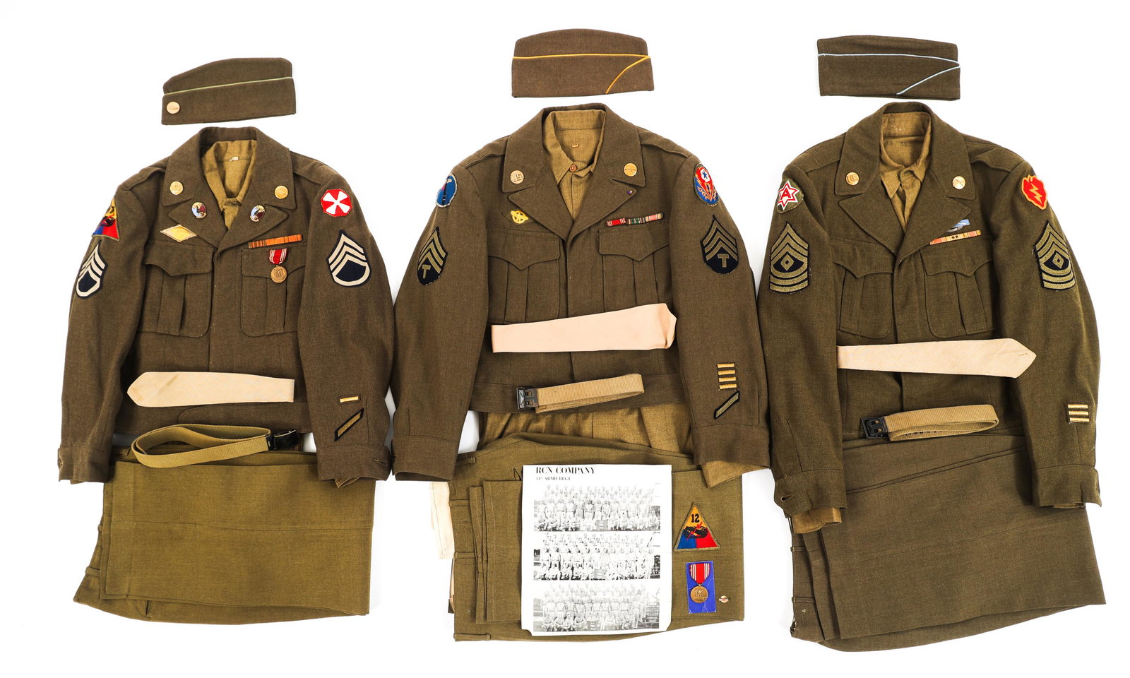 WWII US ARMORED & INFANTRY DIV. EM / NCO UNIFORMS: WWII US ARMORED & INFANTRY DIV. EM / NCO UNIFORMS Lot of 3 WWII US Armored and Infantry Division EM / NCO Uniforms. (1) Eighth Army / Armored Forces Demonstration Regiment NCO Complete Set. Ike jacket
