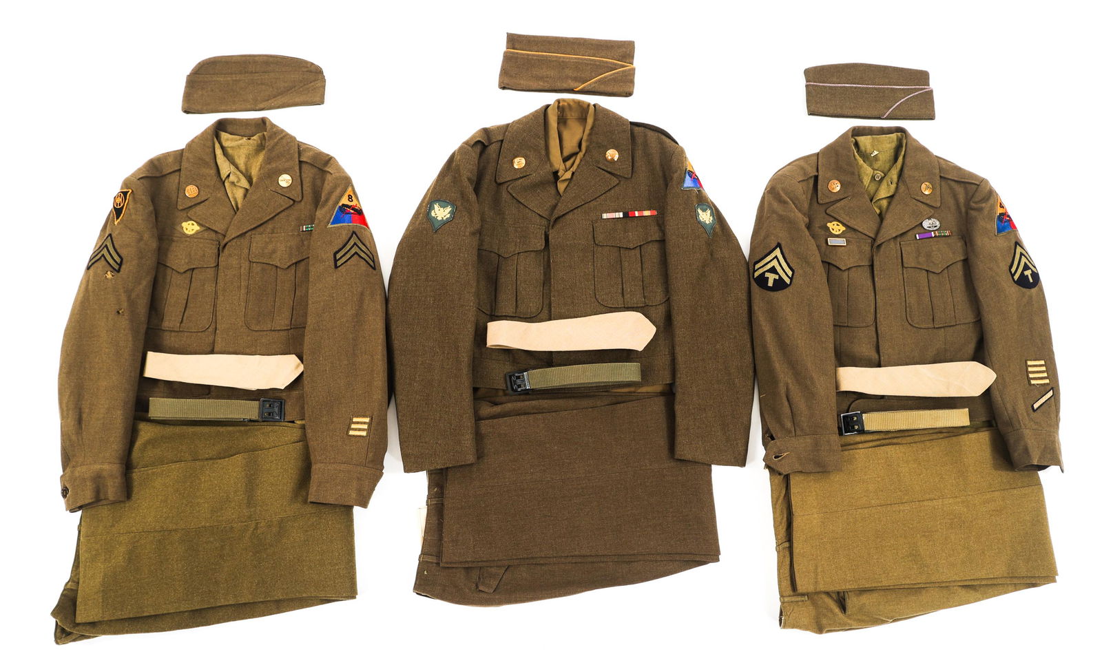 WWII - KOREAN WAR US INF. & ARMORED DIV. UNIFORMS: WWII - KOREAN WAR US INF. & ARMORED DIV. UNIFORMS Lot of 3 WWII to Korean War US Army Infantry & Armored Division Uniforms. (1) 83rd Infantry Division / 8th Armored Division NCO Complete Set. Ike jack
