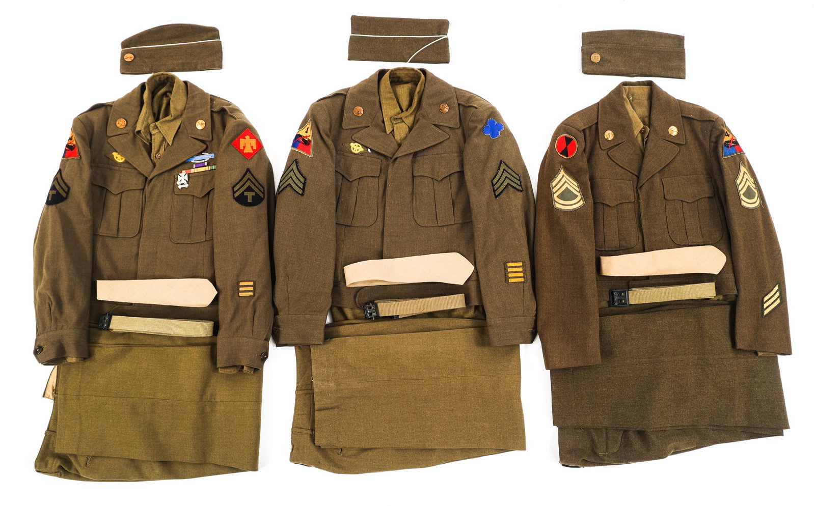 WWII - POST WAR US ARMORED & INFANTRY DIV UNIFORMS: WWII - POST WAR US ARMORED & INFANTRY DIV UNIFORMS Lot of 3 WWII - Post War US Armored & Infantry Division Uniforms. (1) 14th Armored / 45th Infantry Division Technician Complete Set. Ike jacket with 