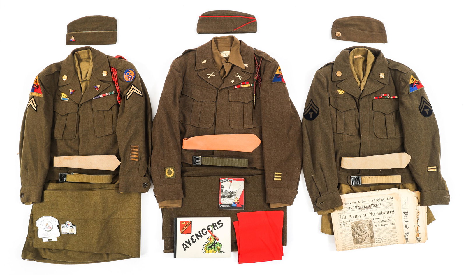 WWII US ARMY ARMORED DIVISION & USAAF UNIFORMS: WWII US ARMY ARMORED DIVISION & USAAF UNIFORMS Lot of 3 US Army Armored Division Uniforms & USAAF Uniforms. (1) 2nd Armored Division / 8th Air Force NCO Complete Set. Ike jacket with unit patches, ran