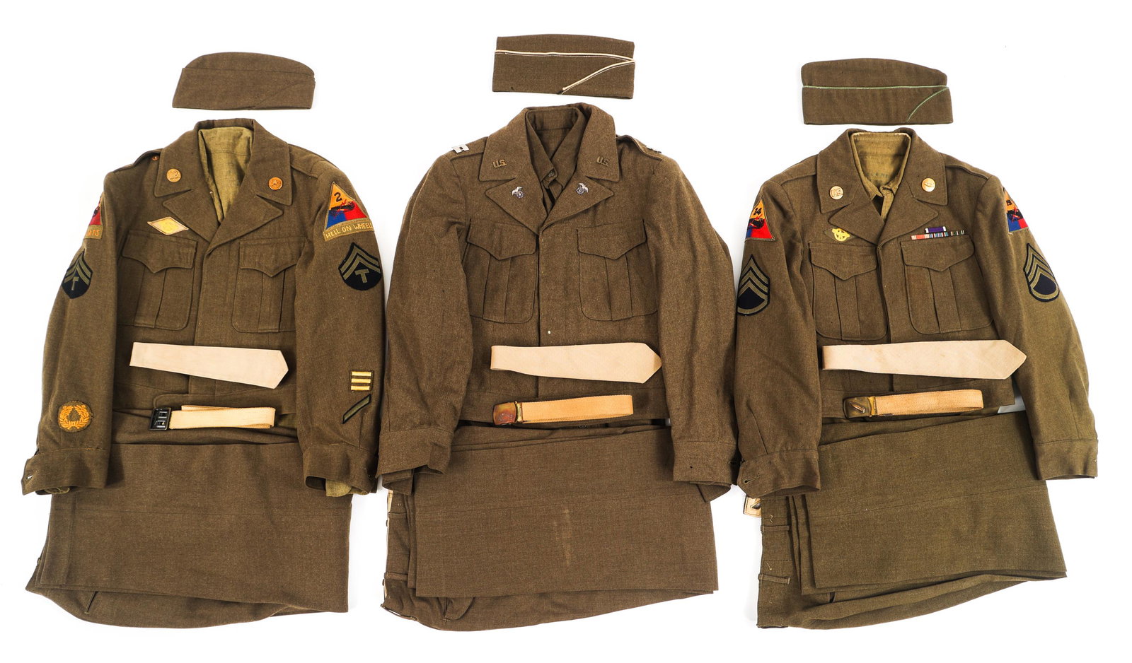 WWII US ARMY 191st TANK BATT & ARMORED UNIFORMS: WWII US ARMY 191st TANK BATT & ARMORED UNIFORMS Lot of 3 WWII US Army Armored Division Uniforms. (1) 12th / 2nd Armored Division Technician Complete Set. Ike jacket with unit patches, rank stripes, an