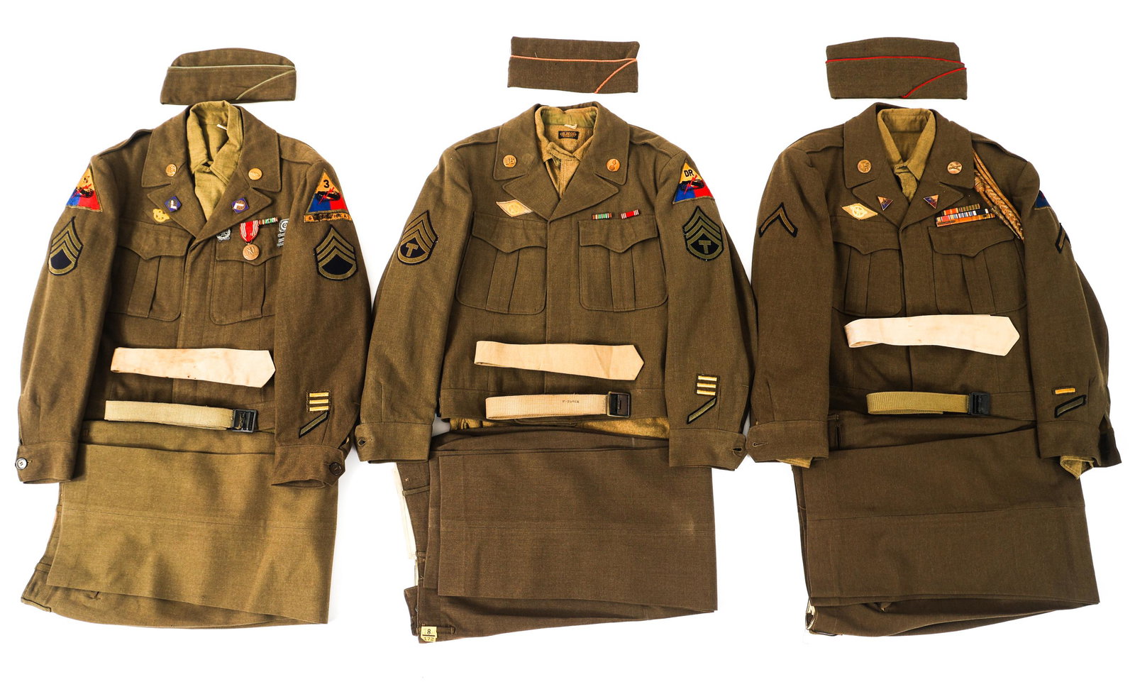 WWII US ARMY ARMORED DIVISION EM / NCO UNIFORMS: WWII US ARMY ARMORED DIVISION EM / NCO UNIFORMS Lot of 3 WWII US Army Armored Division EM / NCO Uniforms. (1) 5th / 3rd Armored Division NCO Complete Set. Ike jacket with unit patches, rank stripes, r