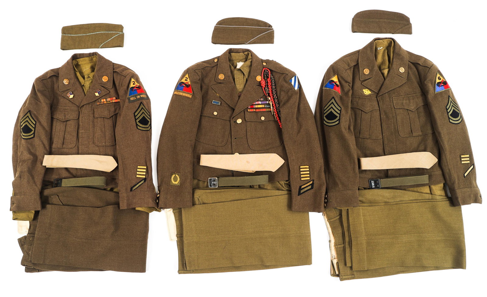 WWII US ARMY ARMORED DIVISION EM / NCO UNIFORMS: WWII US ARMY ARMORED DIVISION EM / NCO UNIFORMS Lot of 3 WWII US Army Armored Division EM / NCO Uniforms. (1) 2nd Armored Division "Hell on Wheels" NCO Complete Set. Ike jacket with unit patch, Staff 