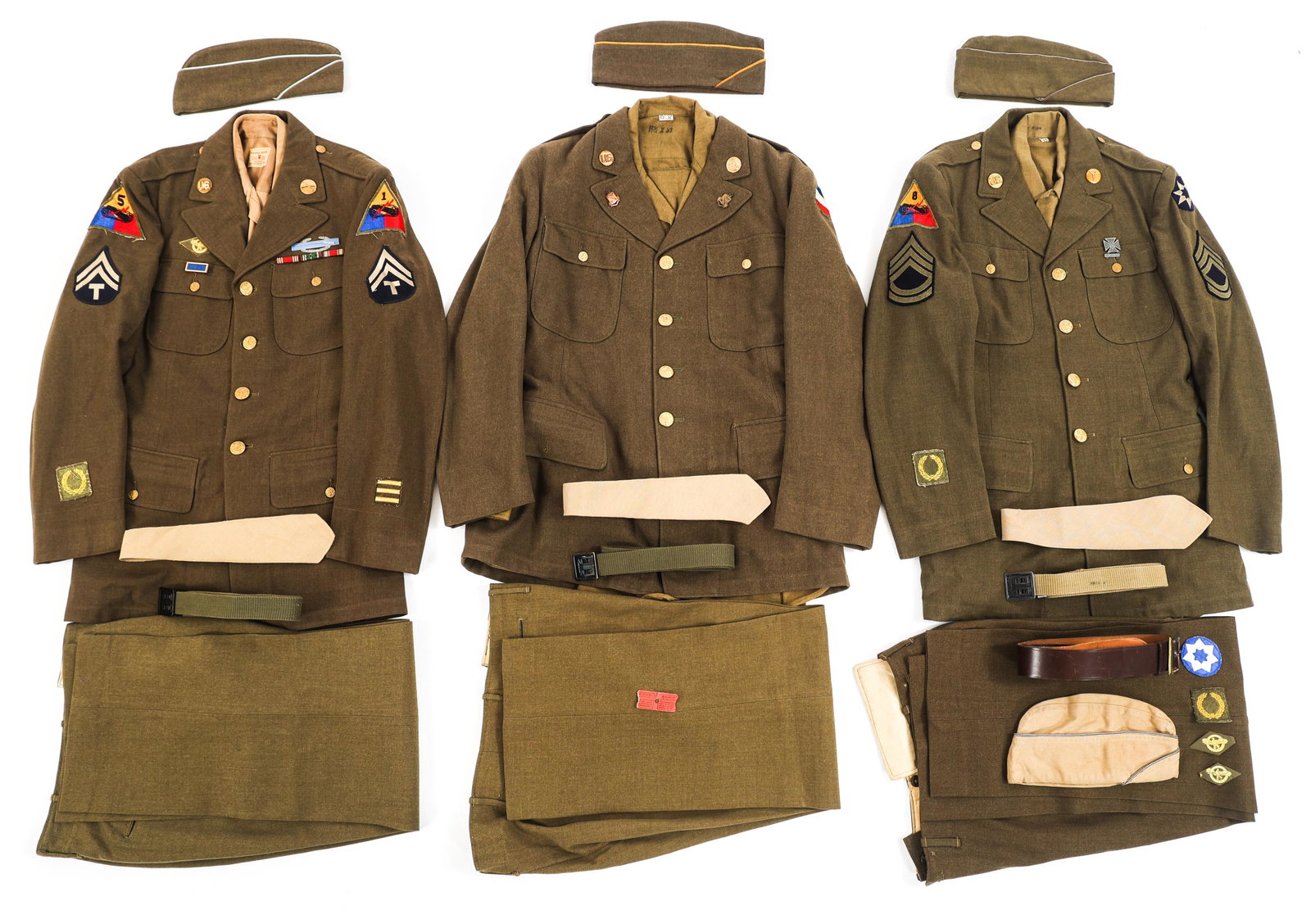 WWII US ARMY ARMORED & GROUND FORCES UNIFORMS: WWII US ARMY ARMORED & GROUND FORCES UNIFORMS Lot of 3 WWII US Army Armored Division, Ground Forces and Service Command EM / NCO Uniforms. (1) 5th Armored / 1st Armored Division Technician's Complete 