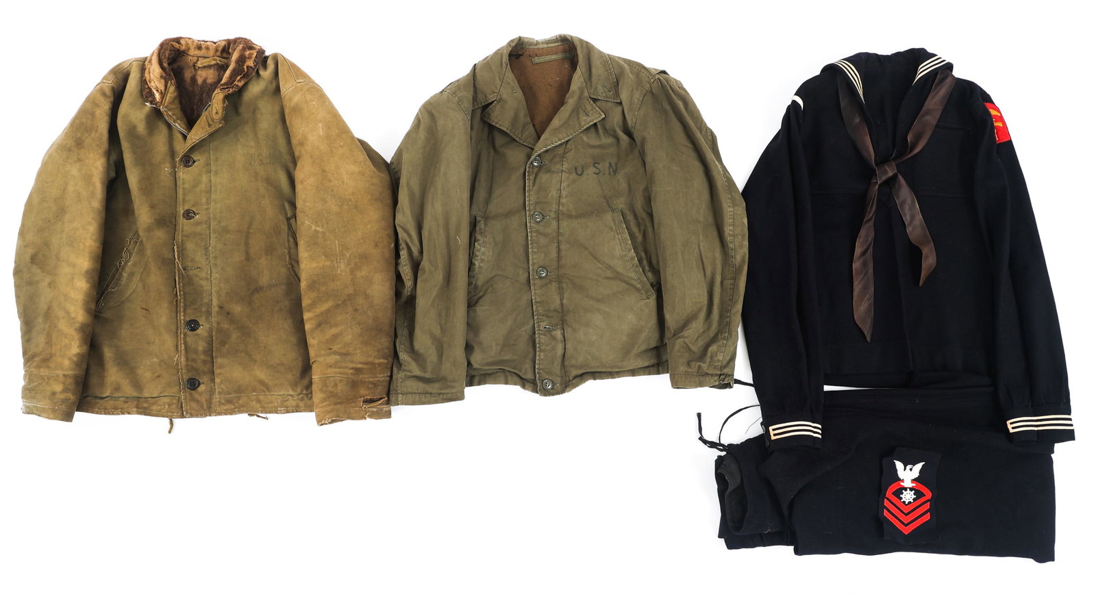 WWII USS SWORDFISH HAND PAINTED JACKET & UNIFORMS: WWII USS SWORDFISH HAND PAINTED JACKET & UNIFORMS Lot of 4 US Navy Service Dress Uniform and Jackets. (1) USN Winter Deck Jacket. Stamped "USN" and hand painted USS Swordfish artwork on the reverse. (