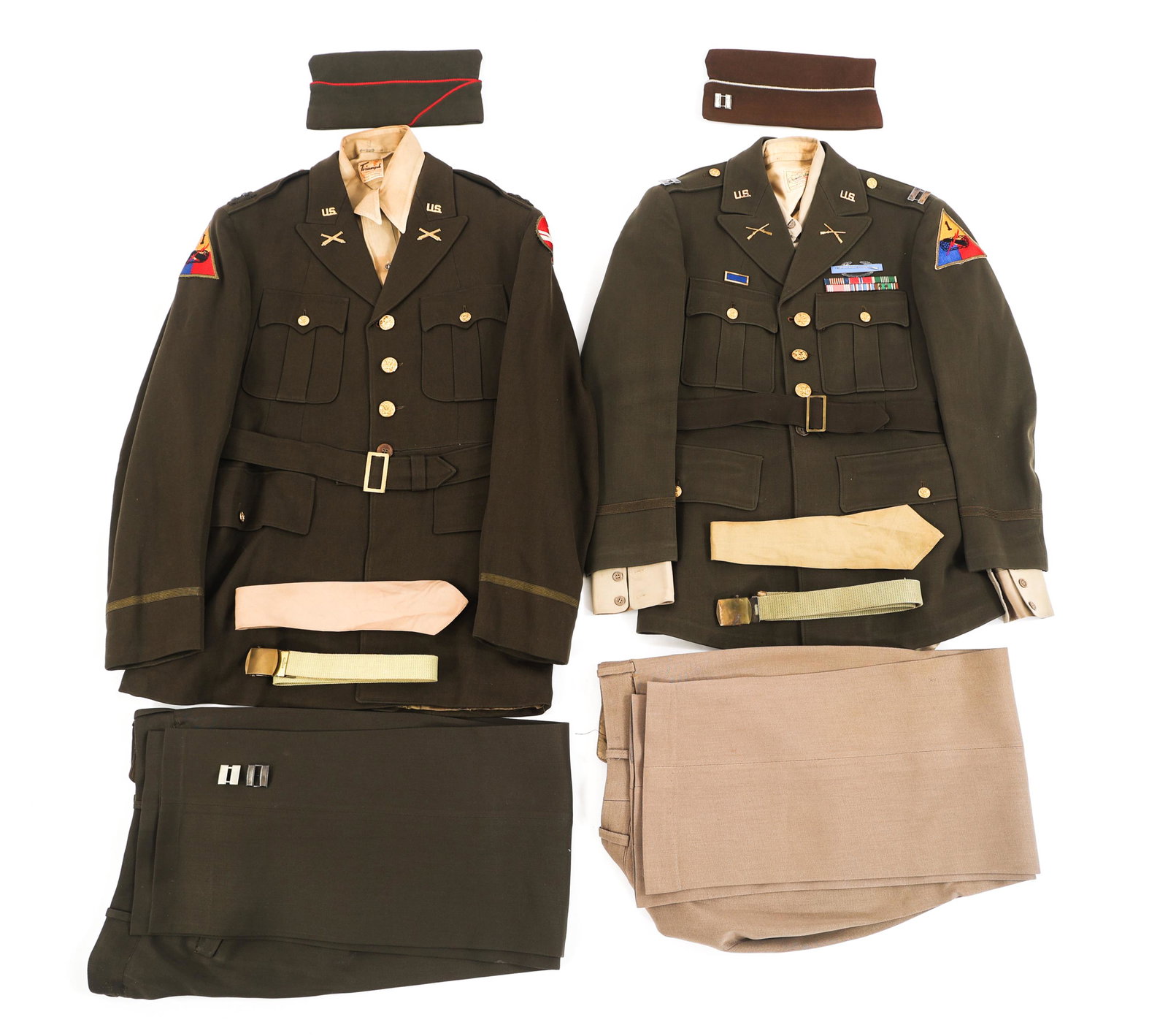 WWII US ARMY INFANTRY & ARMORED DIV. OFF. UNIFORMS: WWII US ARMY INFANTRY & ARMORED DIV. OFF. UNIFORMS Lot of 2 WWII US Army Infantry and Armored Division Officer's Uniforms. (1) 84th Infantry / 1st Armored Div. Complete Officer's Set. Chocolate elasti
