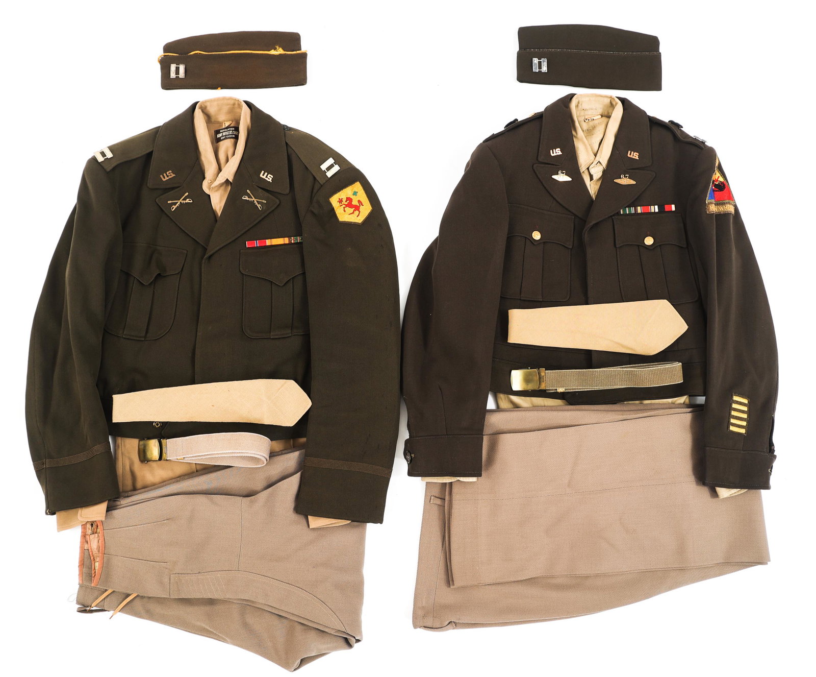 WWII US ARMY CAV. & ARMORED DIV. OFFICER UNIFORMS: WWII US ARMY CAV. & ARMORED DIV. OFFICER UNIFORMS WWII US Army Cavalry and Armored Division Officer's Uniforms. (1) 113th Cavalry Regiment Officer's Complete Set. Chocolate elastique Ike Jacket style 