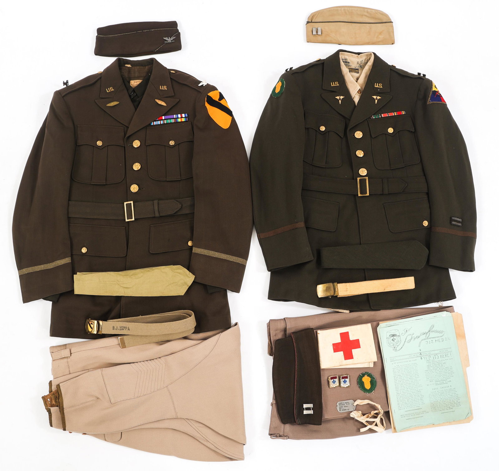 WWII US ARMY CAV. & ARMORED DIV. OFFICER UNIFORMS: WWII US ARMY CAV. & ARMORED DIV. OFFICER UNIFORMS WWII US Army Cavalry and Armored Division Officer Uniforms. (1) 1st Cavalry Division Officer's Complete Set. Chocolate elastique tunic with unit patch