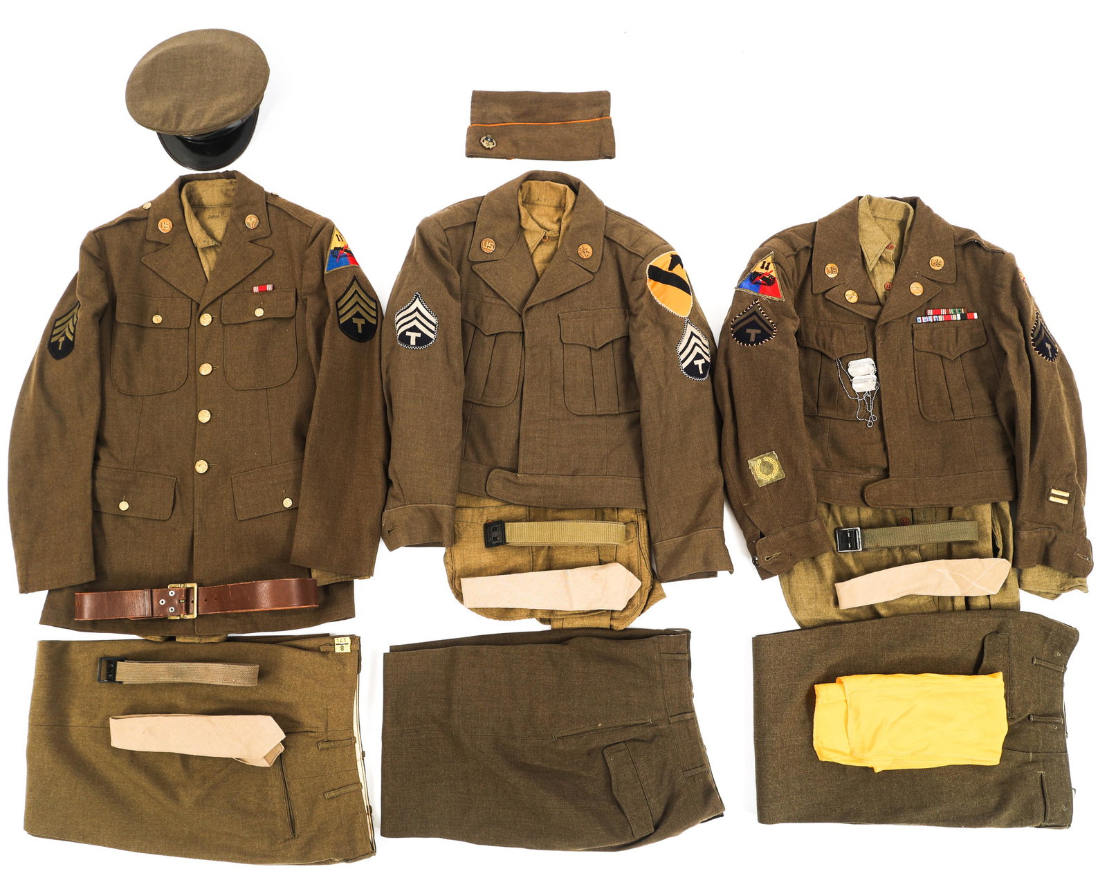 WWII US ARMORED DIVISION & CAVALRY UNIFORM SETS: WWII US ARMORED DIVISION & CAVALRY UNIFORM SETS Lot of 3 WWII US Armored Division & Cavalry Division Uniform Sets. (1) 11th Armored Division technician Uniform Set. OD Serge service tunic with unit pa