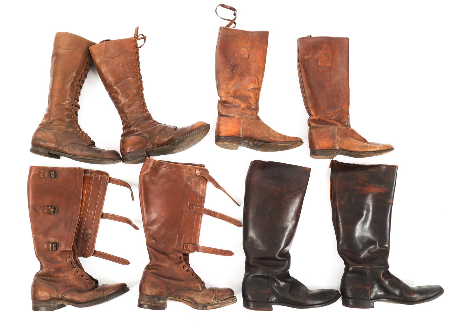 WWI - WWII US CAVALRY / TANKER BOOT LOT OF 4: WWI - WWII US CAVALRY / TANKER BOOT LOT OF 4 Lot of 4 WWI to WWII US Cavalry / Tanker Boots. (1) "Patton" Style Leather 3-buckle Tanker Boots. Maker marked by Brown Shoe Co. Sole marked by BF Goodrich