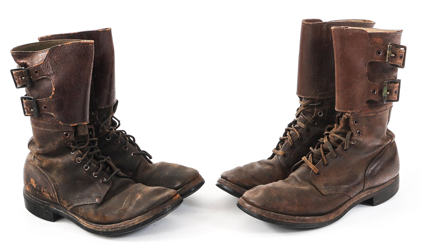 WWII US ARMY M43 DOUBLE BUCKLE LEATHER BOOTS: WWII US ARMY M43 DOUBLE BUCKLE LEATHER BOOTS Lot of 2 WWII US Army M43 Double Buckle Leather Combat Boots. (1) Brown leather construction with double buckles. Maker marked by Brown Shoe Co., dated 194